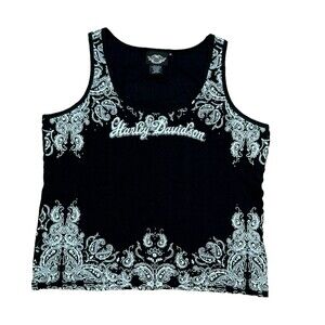 Harley Davidson Tank Top Black White Paisley Rhinestones Bling PLUS Size 1X 1W